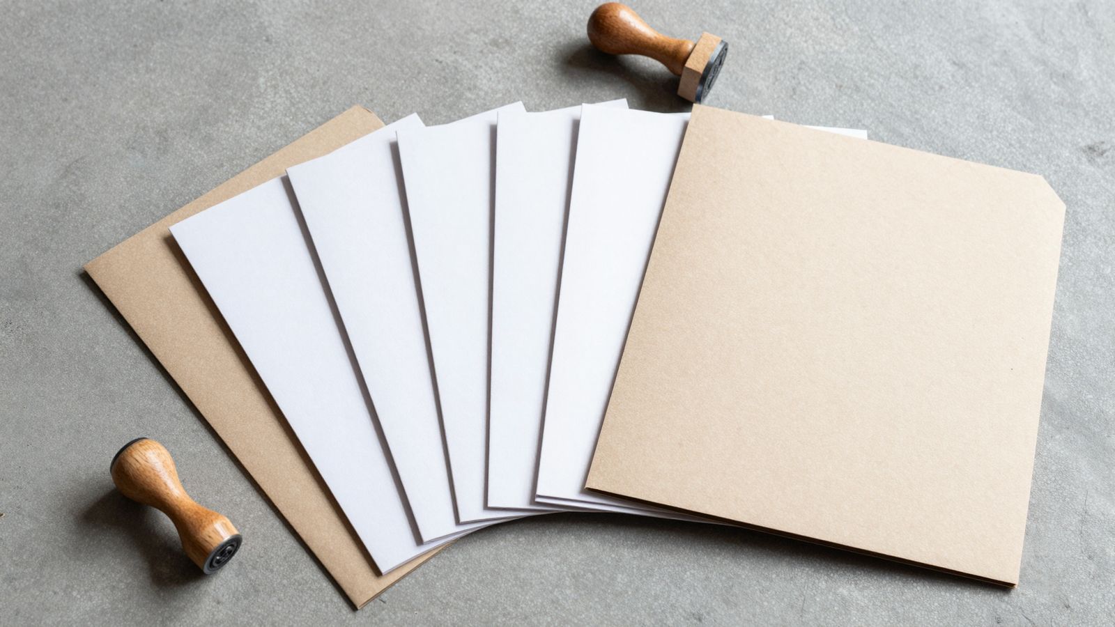 Des chemises cartonnées et des feuillets blancs, rangés sur une table de pierre.
