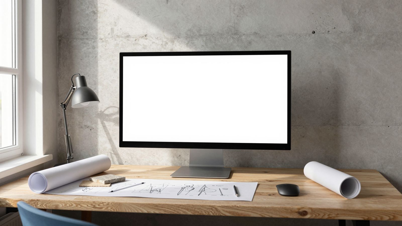 Un bureau d'agence : écran, lampe, plans roulés sur une table en bois.