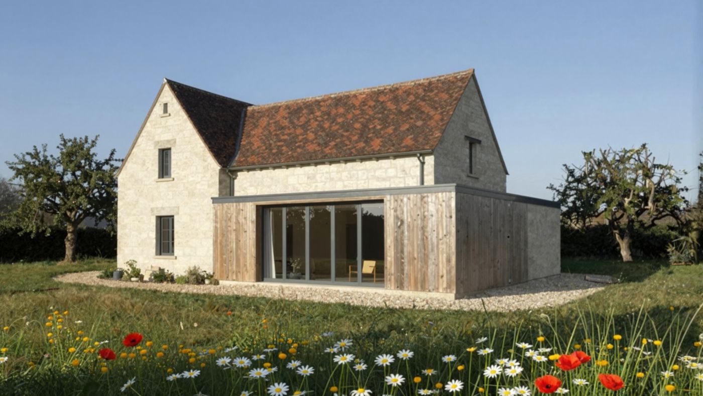 La grange restaurée, avec son extension.